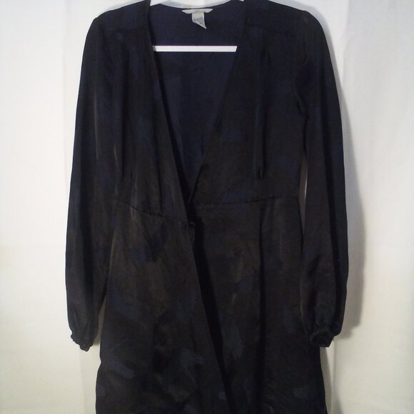 H&M Wrap Dress Women 4 Short Long Sleeve Satin Bird Print Black - Picture 2 of 15
